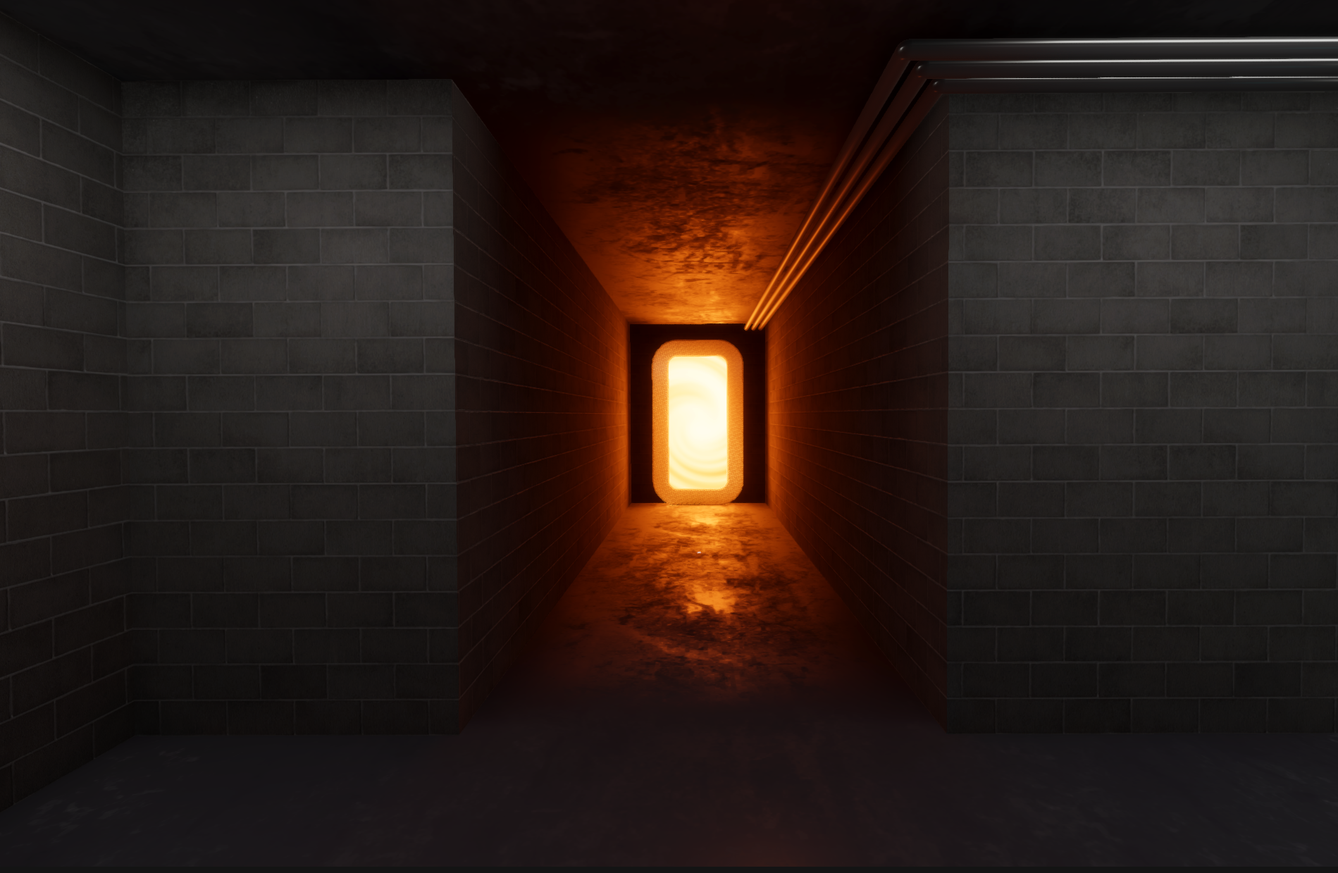 A brightly glowing orange portal down a concrete corridor